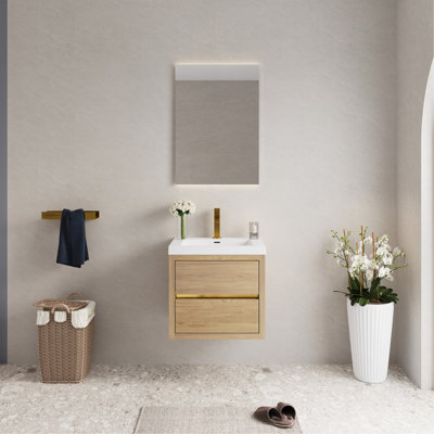Meuble-lavabo mural 24 po avec lavabo, meuble de rangement flottant avec comptoir en résine de pierre et tiroirs à fermeture douce, chêne naturel