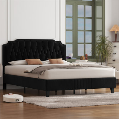 Upholstered Bed Frame with with Diamond Button-Tufted Headboard