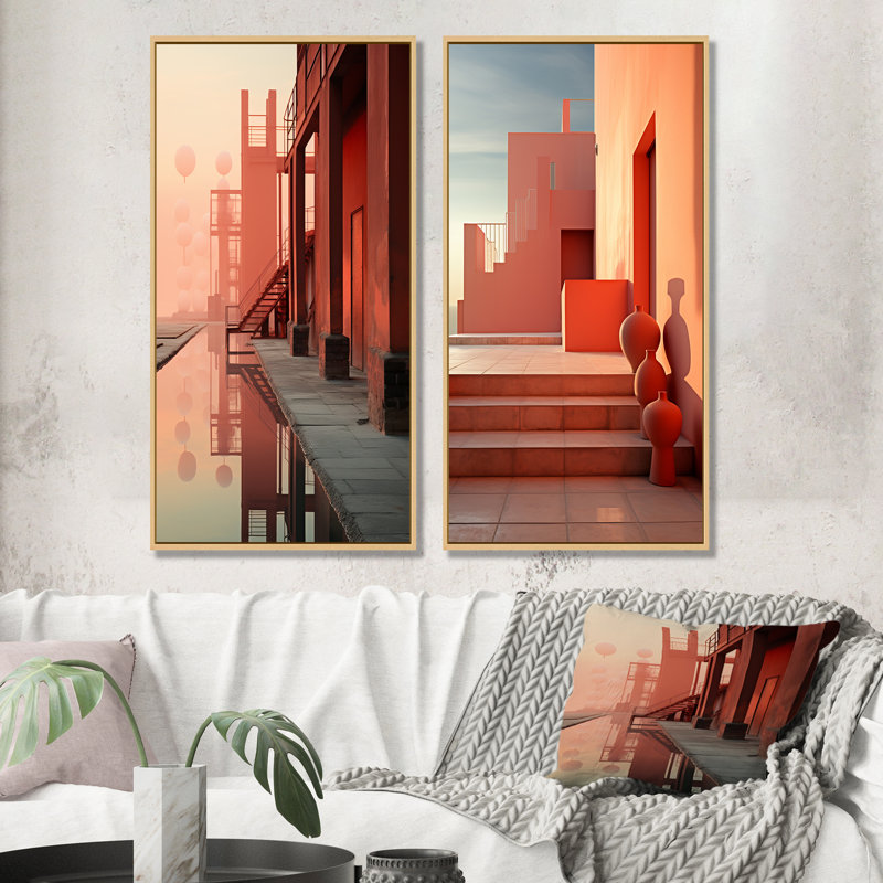 Minimal Industrail Peach Projection - ensemble d'art mural sur toile House, H 32 po x l 33 po, Encadrement brun