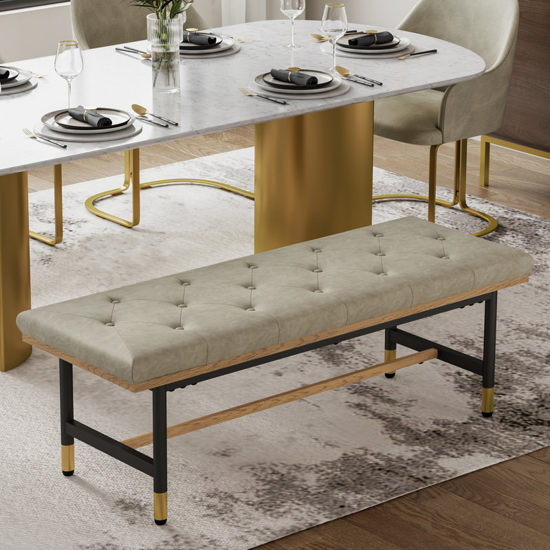 Banc rembourré en cuir l 48,43 po avec pieds en métal, Beige