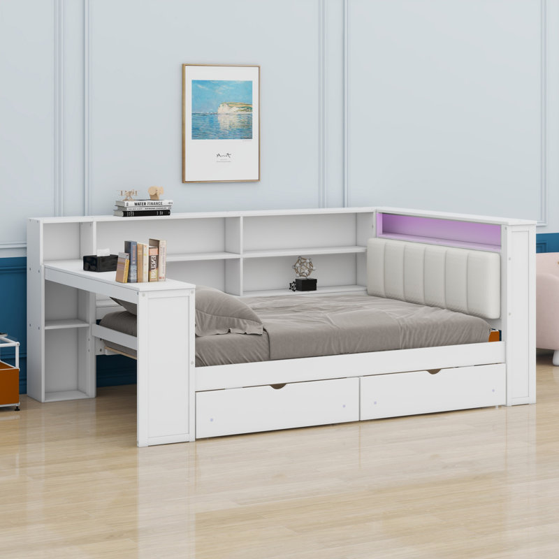 Lit plateforme en bois avec tablettes de rangement, tiroirs, station de charge, DEL, bureau et tête de lit tapissier, Double 