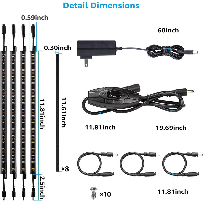 4 Pack 12" LED Safe Lighting Kit, Linkable Plug-in Gun Safe Light Bars, Rocker Switch, 600lm, UL Power Adapter, Input 100-240V, 5000K Daylight