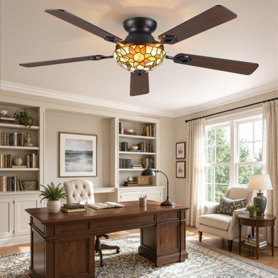  Cissline 52" Sunflower Tiffany-Style Flush Mount Ceiling Fan with Dimmable LED Light and Remote Control for Bedroom & Living Room