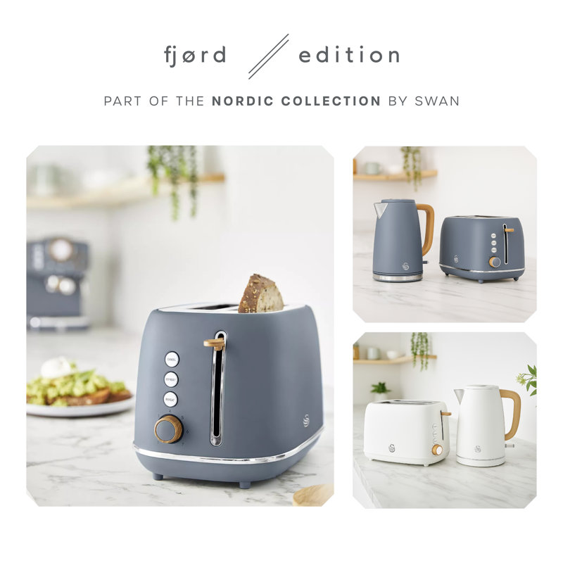 Swan Fjord Kitchen Set, 1.7L Rapid Boil Kettle with Wood Effect Handle and 800W 2-Slice Toaster with 7 Browning Levels