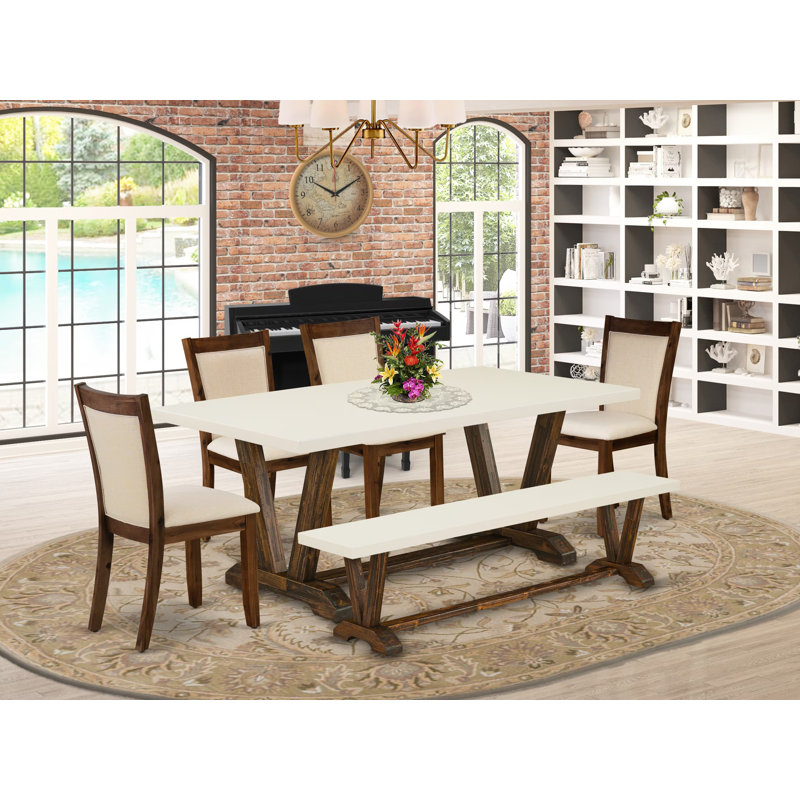 L'ensemble 5 pièces comprend une table de salle à manger en lin blanc et 4 chaises parsons en tissu de lin beige clair à haut dossier - finition jacobine vieillie