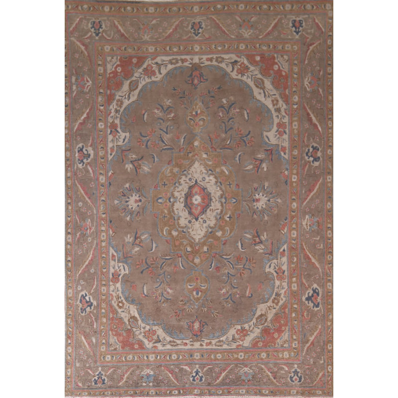 Tapis traditionnel brun en laine à motif floral 8 x 11