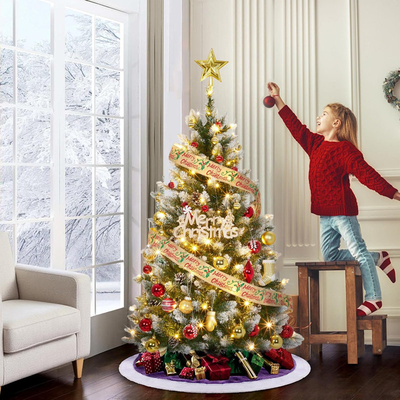 Arbre de Noël artificiel illuminé 6 pi avec 200 lumières DEL, 500 branches réalistes et un pied en métal - Assemblage facile pour la maison, le bureau et les fêtes