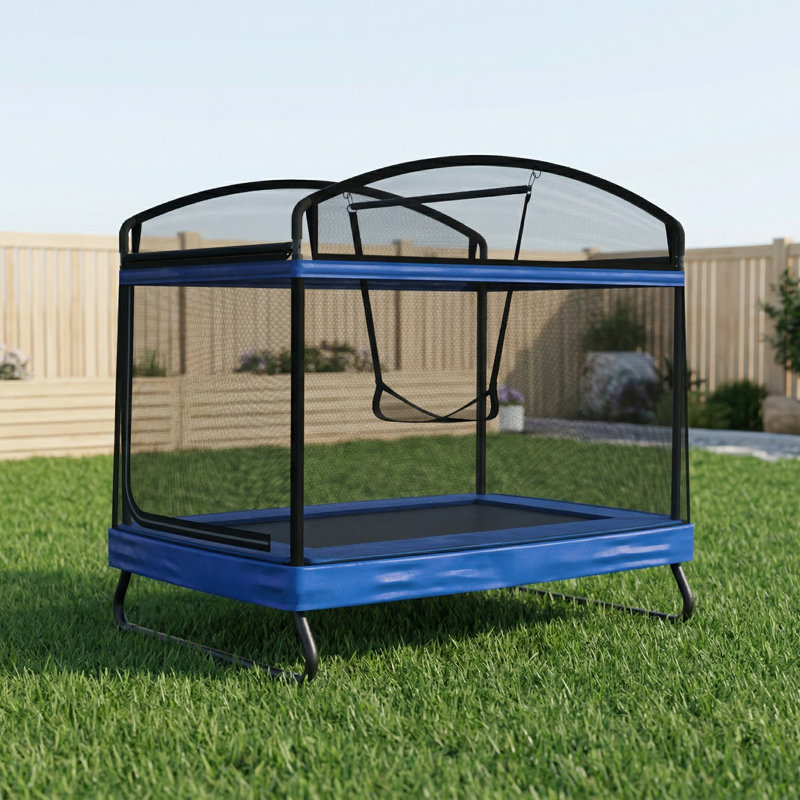 Trampoline d'extérieur carré pour enfants et adultes avec filet de protection et balançoire, noir et bleu, métal, 4 x 6 pi