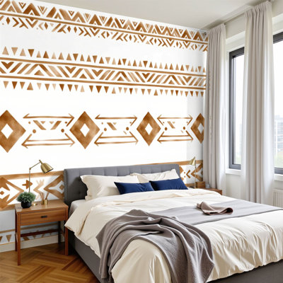 Papier peint adhésif à motif géométrique à motif abstrait tribal brun chaud 100 "H x 144" l 100 "PVC amovible papier auto-adhésif pour chambre à coucher salon bureau à domicile