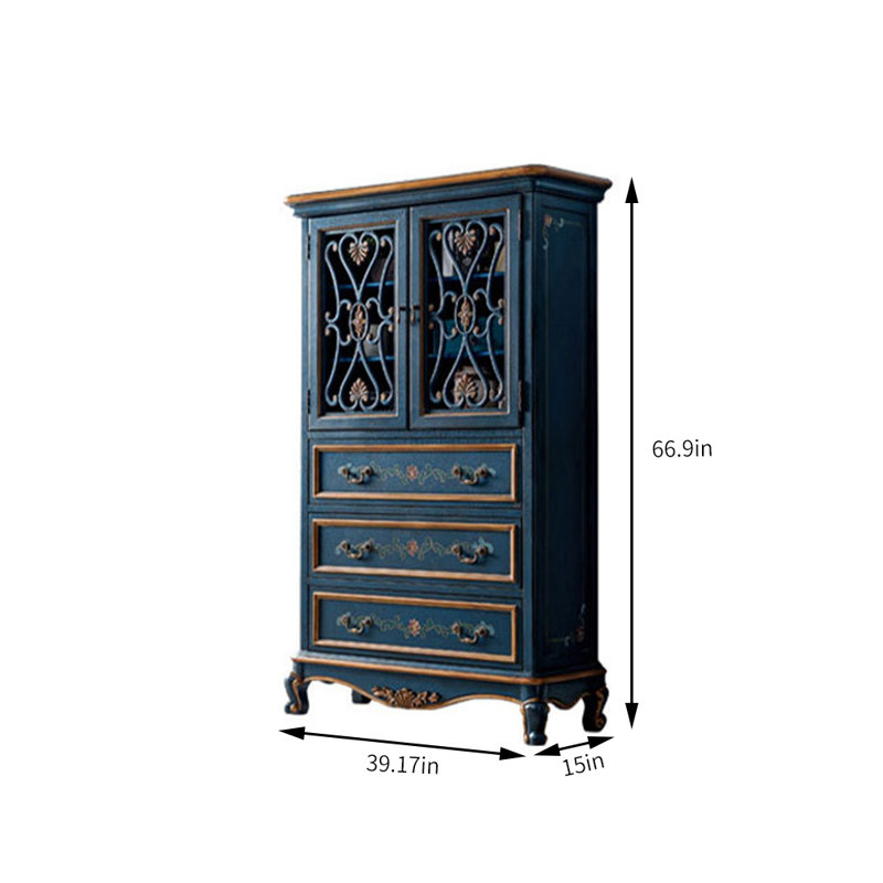 Retro Pattern Solid Wood Blue Sideboard
