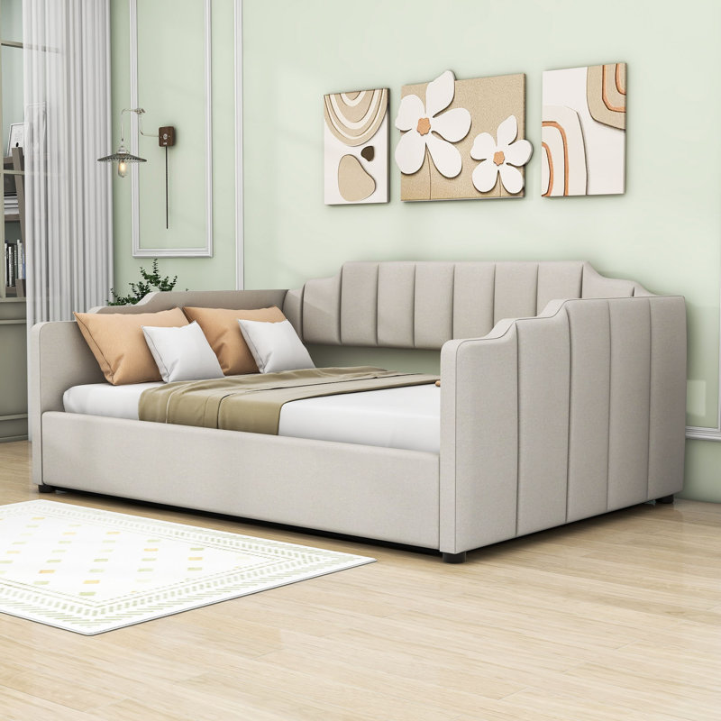 Lit de jour en bois avec rangement en dessous, Lit double, Beige