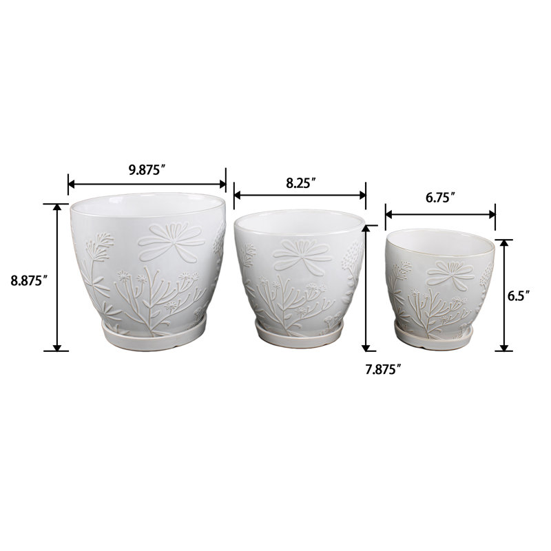 Ensemble de 3 pots en céramique ivoire 10 "et 8" et 6,75 "Jungle Flowers