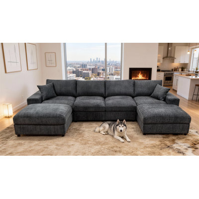 Dovari 6-Person Modern Minimalist Corduroy Sectional Sofa with Two Ottomans and Toss Pillows