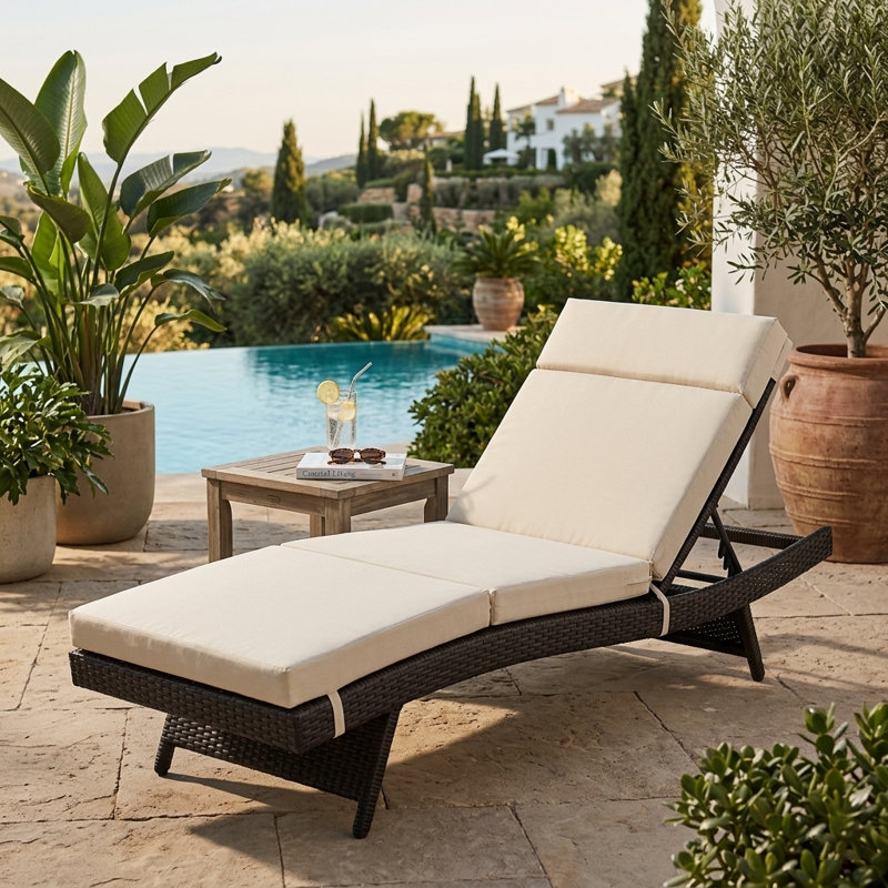77'' Long Water-resistant Outdoor Chaise Lounge Cushion With Integrated Headrest, Beige