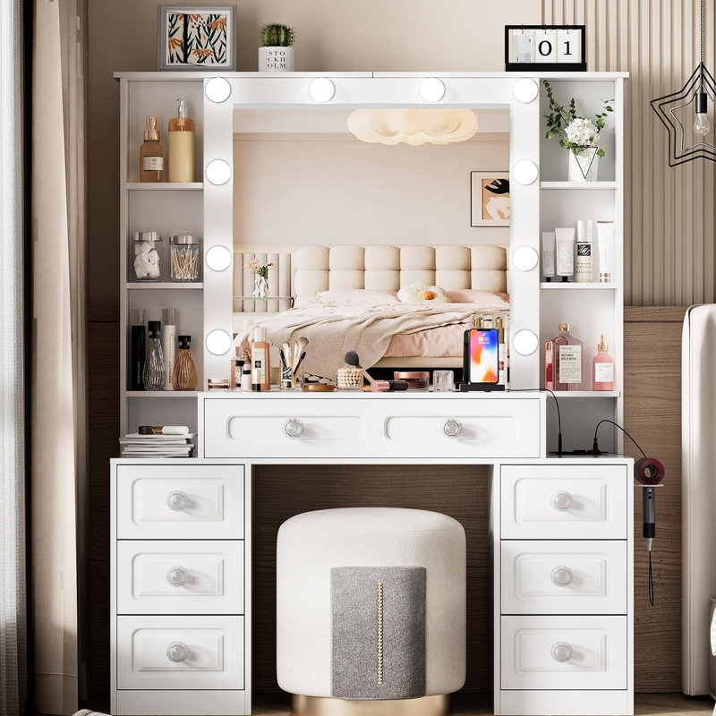 Table de maquillage avec miroir, lumières, plateau en verre, 7 tiroirs, support pour sèche-cheveux et table de charge pour la chambre à coucher, support, ports, luminosité réglable