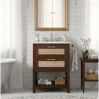 24-Inch Small Space Bathroom Vanity With Ceramic Top, Dark Brown Single Vanity With 1 Deep Drawer And 1 Tip-Out Drawer