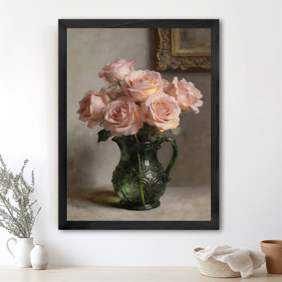 Reproduction d'art encadrée noire rétro rose dans une bouteille de jade, peinture à l'huile classique