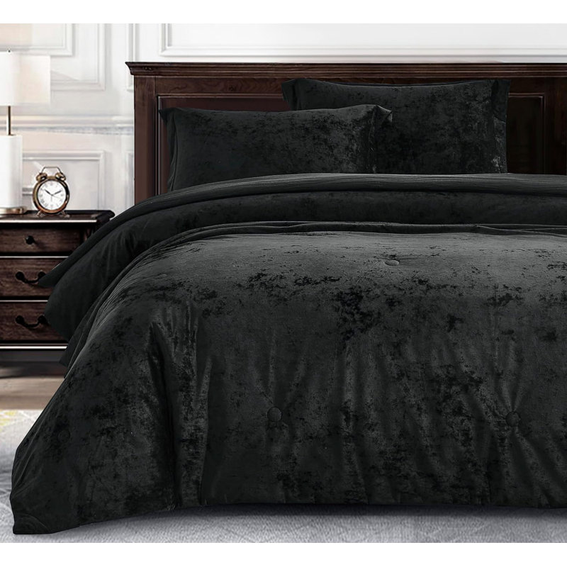 Lux Distressed Velvet Reversible Comforter Set, Queen Comforter + 2 Standard Shams, Black