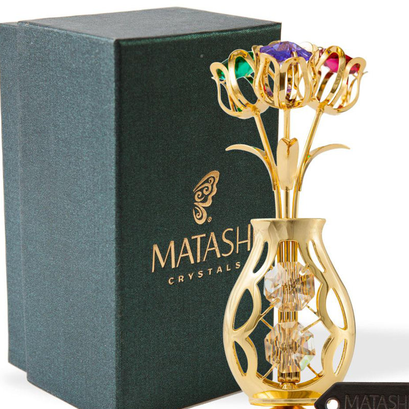 Bouquet de fleurs et sculpture vase Yarger, Or/ violet/ vert