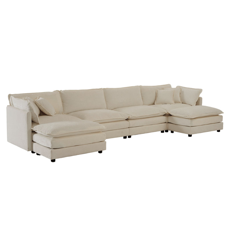 Beige Chenille U-shaped Couch: Modular Large Sectional Sofa With Reversible Chaise And Double Extra Ottomans For Comfort