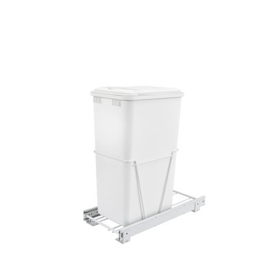 Single White 50 Qt. White Steel Wire Bottom Mount Waste Container w/ Lid and 3/4-Extension Slides for 15" Base Cabinets
