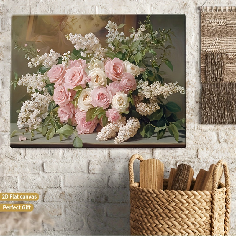 Impression sur toile Elegant Vintage Pink Rose & Lilac Bouquet - Urban Studio, 32*24 pouces (80*60*2 cm)
