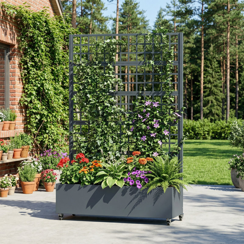 Boîte à fleurs en métal avec treillis et roues Conall, H 73 po x l 47 po x P 16 po, Gris foncé