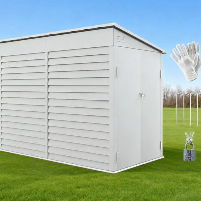 Remise de rangement d'extérieur gris foncé avec portes verrouillables, fentes de ventilation et trousse de fondation interne - idéale pour les fournitures de piscine, trousse en métal, double gant pour terrasse de jardin