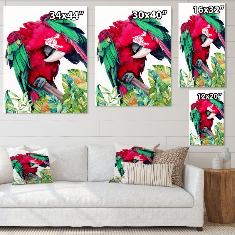 Perroquet rouge et vert - reproduction sur toile, H 20 po x l 12 po, Toile tendue