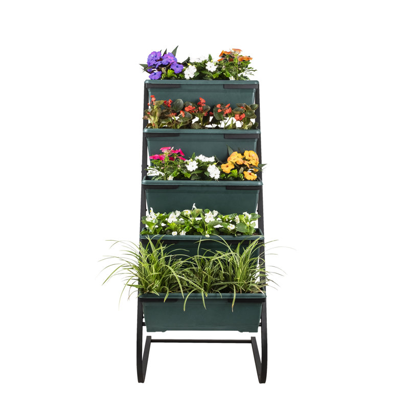 Support à pot décoratif en métal, vert foncé et noir, 21,3 po x 51,2 po x 33,5 po | Fabrication 100% métal, épaisseur de 25 mm | 5 pots en plastique (53 cm) inclus | Design élégant et moderne avec plusieurs tablettes, charge maximale de 22 lb