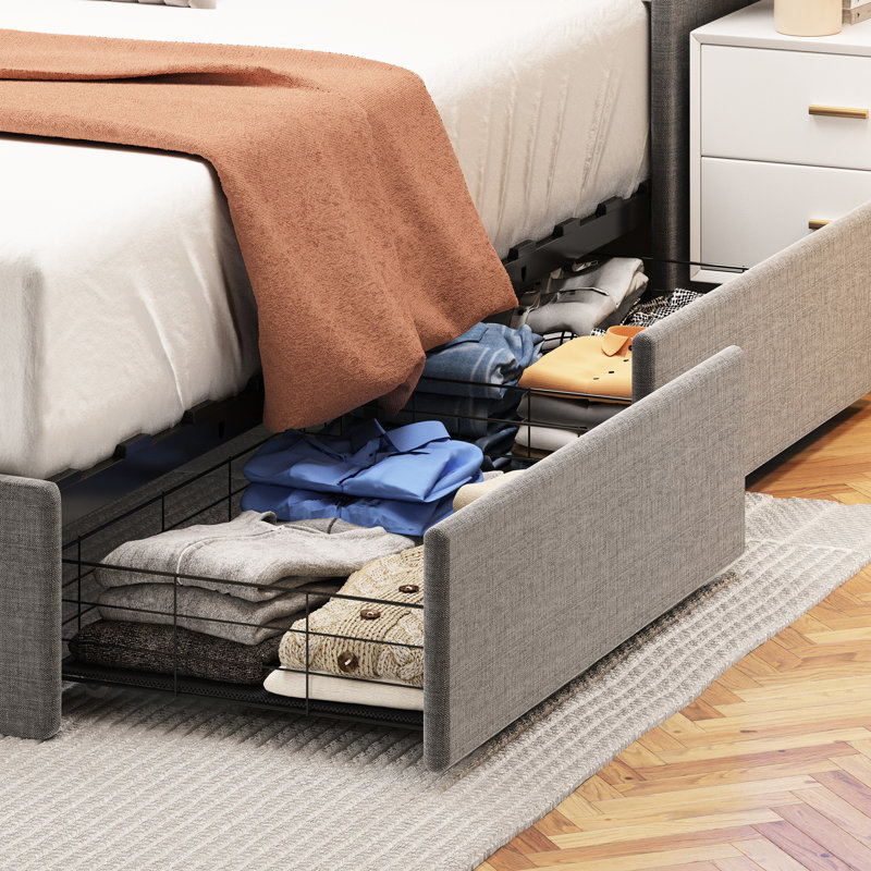 Structure de lit en lin gris avec concept de rangement pour grand lit à DEL et tête de lit, 4 unités