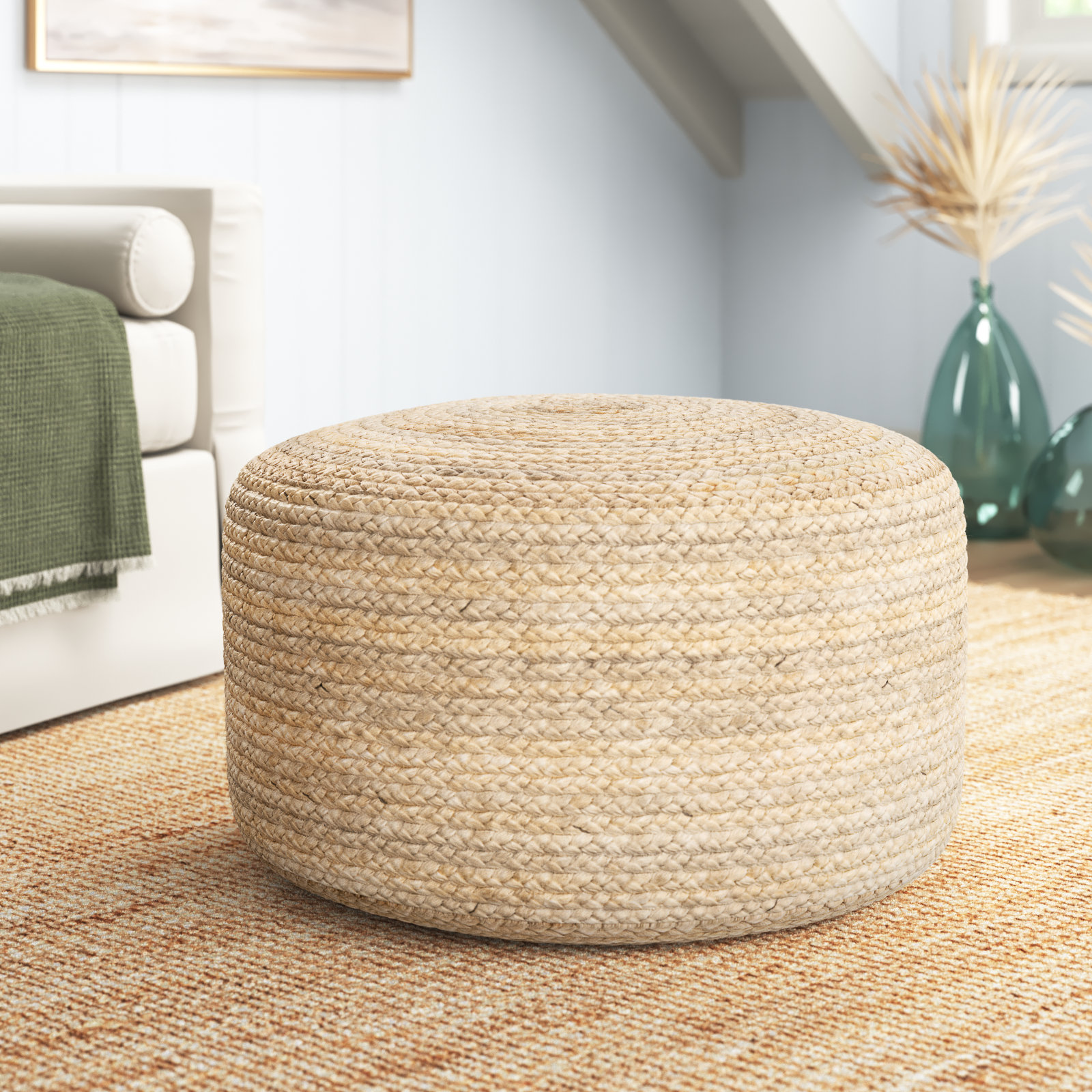 Braided Jute Pouf Ottoman 29", Beige Jute