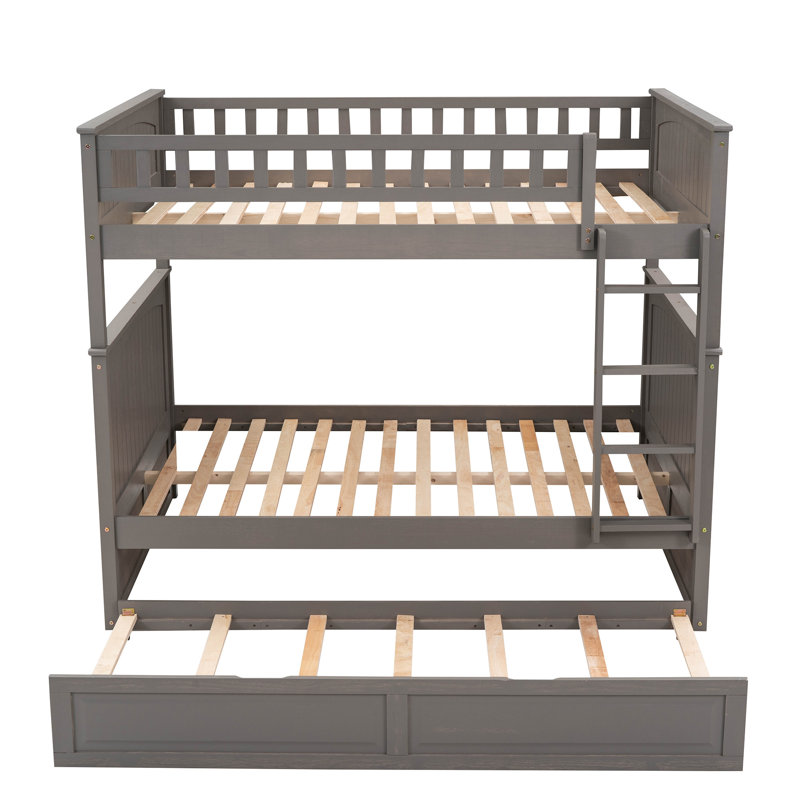 Lit superposé double au-dessus de double avec lit gigogne simple, lit superposé en bois de pin avec garde-corps, Gris