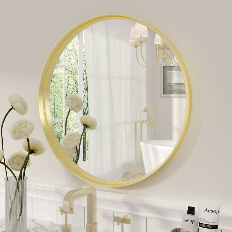 Miroir de salle de bain mural en verre trempé et métal Molly, 18" x 18", Doré, Round