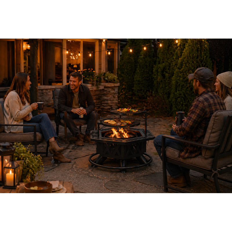 Hexagonal Wood Burning Fire Pit with Cooking Grates – 37.4" Black