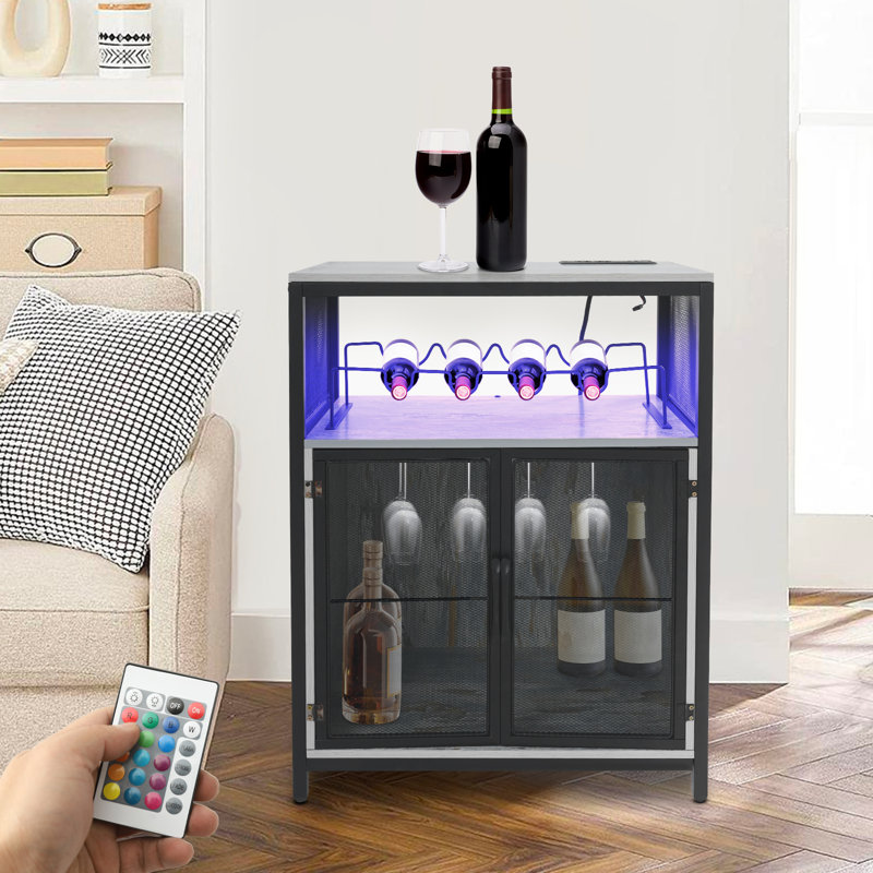 Armoire à vin autoportante avec lumière RVB et prise, Brun