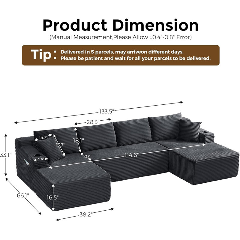 Canapé surdimensionné de 133 po en forme de nuage sans dossier avec méridienne, canapé modulaire en forme de U en velours côtelé avec siège profond 133 po, canapé confortable avec porte-gobelets et rangement, aucun assemblage requis - vert