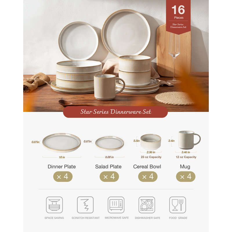 Stoneware Dinnerware Set Piece - Service for 4, Cappuccino White
