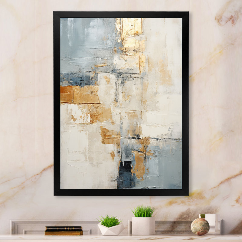 Abstrait, collage de route doré beige - Collages abstraits, salon d'art mural, Cadre simple noir, H 20 po x l 12 po x P 1 po