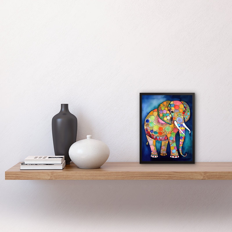 Elephant With Patterns Folk Art Watercolour Painting Artwork Framed Wall Art Print 9X7 Inch