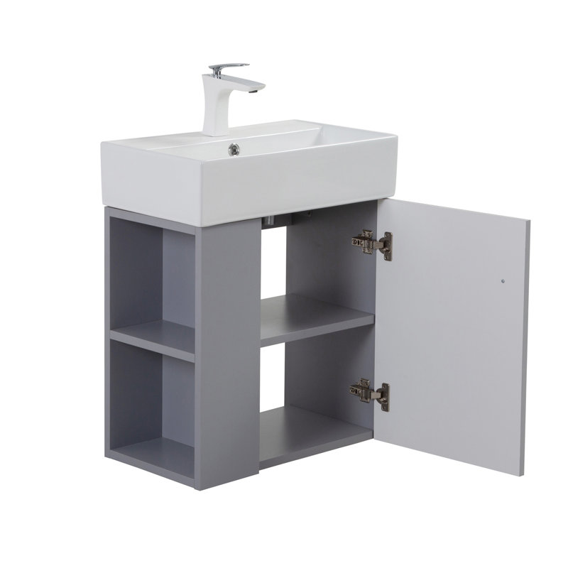 Meuble-lavabo mural 21,6 po avec lavabo en céramique, porte à fermeture en douceur, tablette de rangement flottante à gauche, assemblage requis