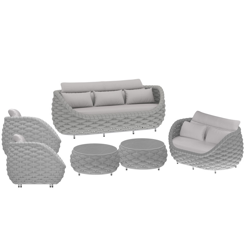 7 Person Outdoor Patio Hand-Woven Rope Powder-Coated Aluminum Sofa Indoor/Outdoor Conversation Set For Bistro Garden Balcony Porch Deck Backyard Cafe
