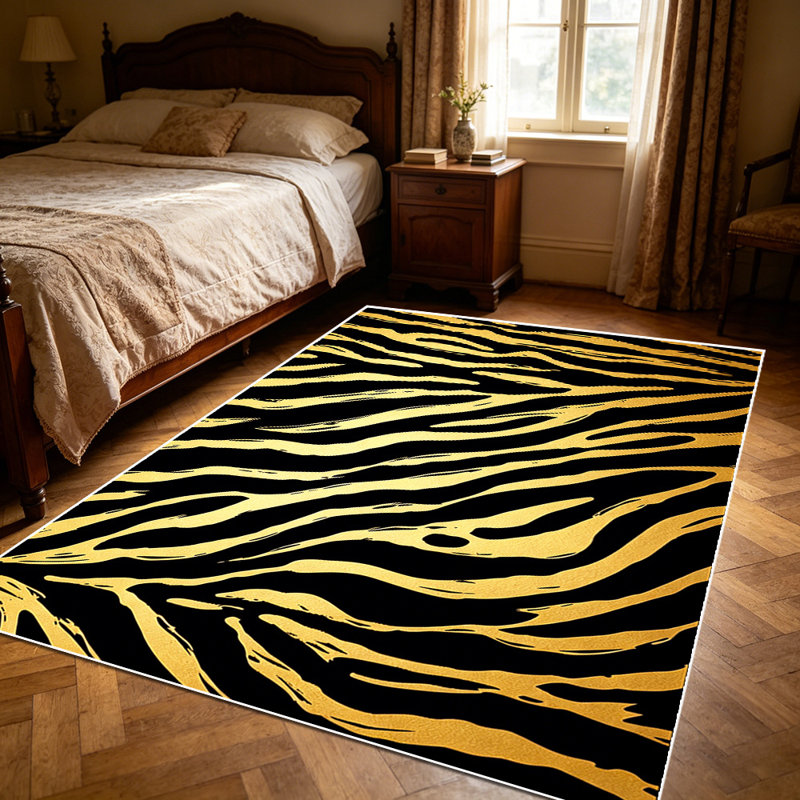 1PC Metallic Gold Black Zebra Stripe Pattern area rugs, Soft and Comfortable, easy-to-maintain, machine washable Indoor floor mat, suitable for living room, bedroom, dining area, hallway, entryway, porch, Home Decor, Outdoor Decor.