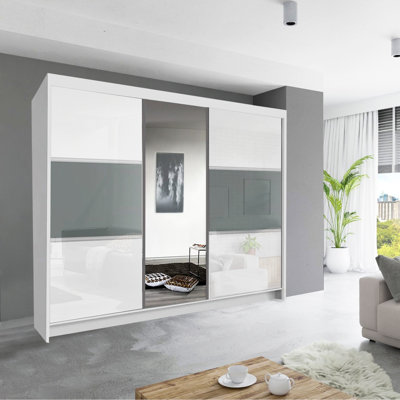 Manhattan Double Sliding High Gloss Door Mirror Wardrobe with Drawers