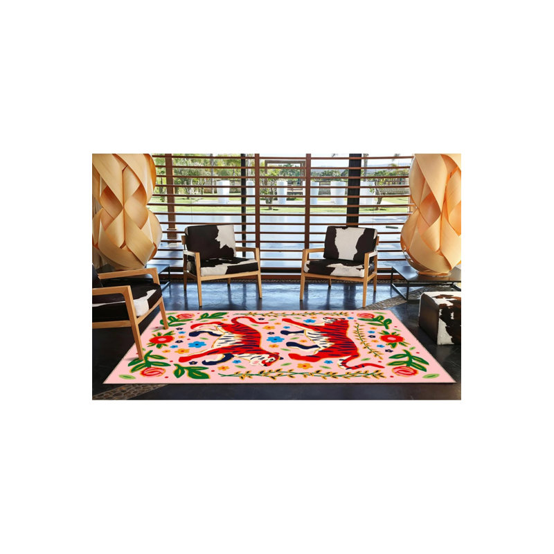 Tapis à motif de tigre rouge et de fleurs, Rectangle 2 pi 4 po x 4 pi