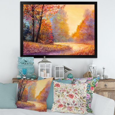 Sentier dans la forêt d'automne, paysage de feuilles orange - reproduction de maison de lac