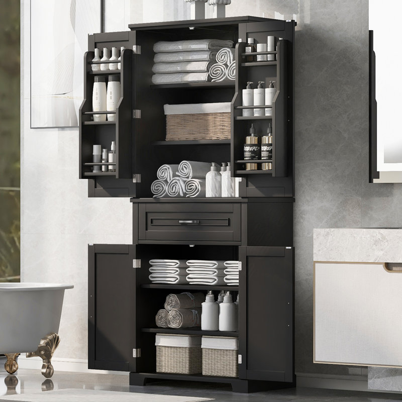 Armoire de rangement de salle de bain avec portes et tiroir, plusieurs espaces de rangement, tablette réglable, Noir