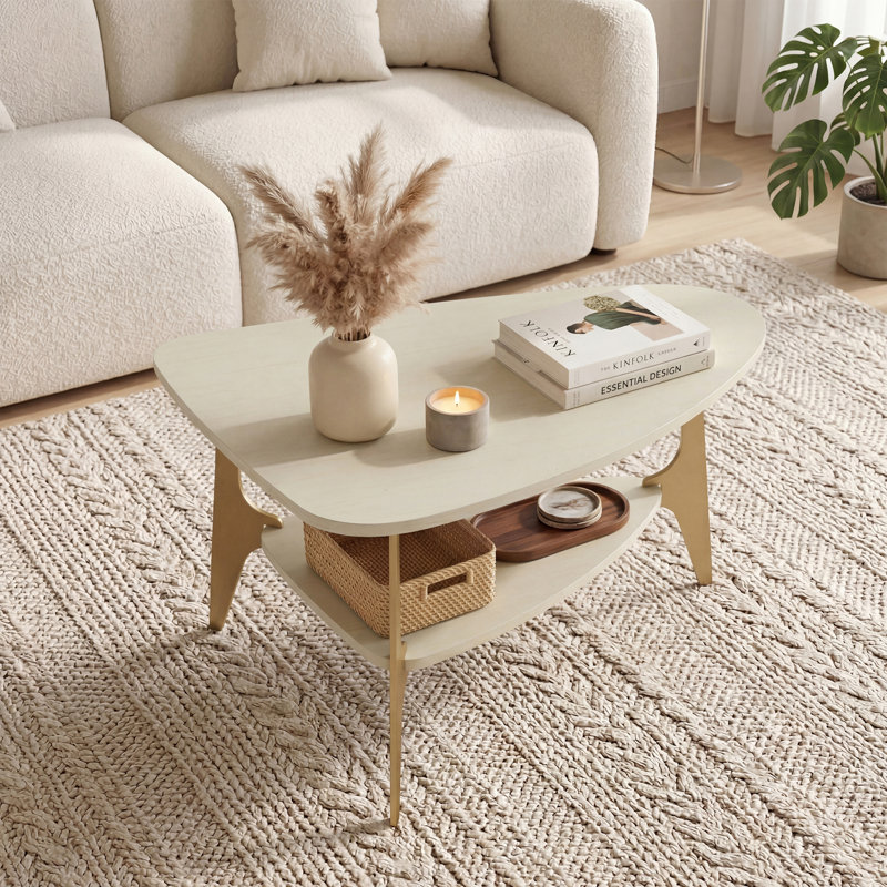 Table basse 33,46 po avec tablettes de rangement à 2 niveaux et trois pieds en fer massif pour le salon, la chambre à coucher et le bureau