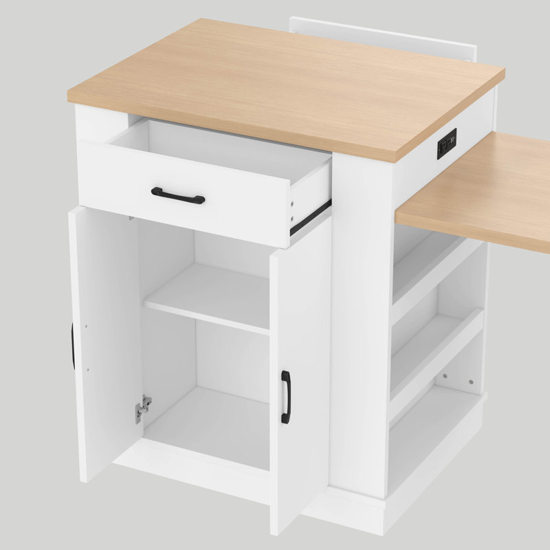 Extendable Kitchen Island with Drawers, White Mobile Console Table with Double Door Cabinet and Open Shelving, Serving as Dining Table and Breakfast Bar