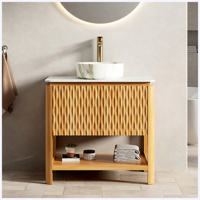 30" Freestanding Bathroom Vanity with Round White Stone Ceramic Vessel Sink, 2 Bamboo Texture Doors & Open Shelf, Carrara White Sintered Stone Top, Woodgrain